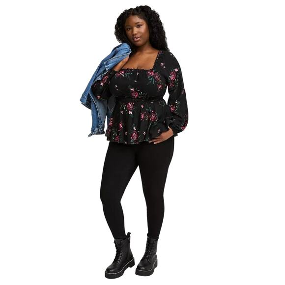 NWT Torrid Rayon Slub Waist Detail Blouson Sleeve Top Black Floral Size 4X - Picture 3 of 7